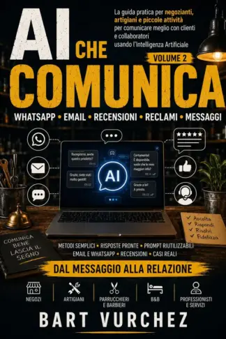 Copertina dell'ebook AI CHE COMUNICA: La guida pratica per negozianti, artigiani e piccole attività per comunicare meglio con clienti e collaboratori usando l'Intelligenza Artificiale (AI IN BOTTEGA Vol. 2)