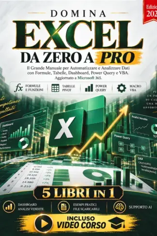 Copertina dell'ebook DOMINA EXCEL DA 0 A PRO - 5 LIBRI IN 1: Il Grande Manuale per Automatizzare e Analizzare Dati con Formule, Tabelle, Dashboard, Power Query, DAX e VBA. Aggiornato a Microsoft 365.+File di Pratica