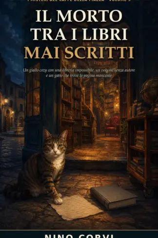 Copertina dell'ebook Il morto tra i libri mai scritti: Un giallo cozy con una libreria impossibile, un volume senza autore e un gatto che trova la pagina mancante (I misteri del Caffè della Piazza Vol. 5)