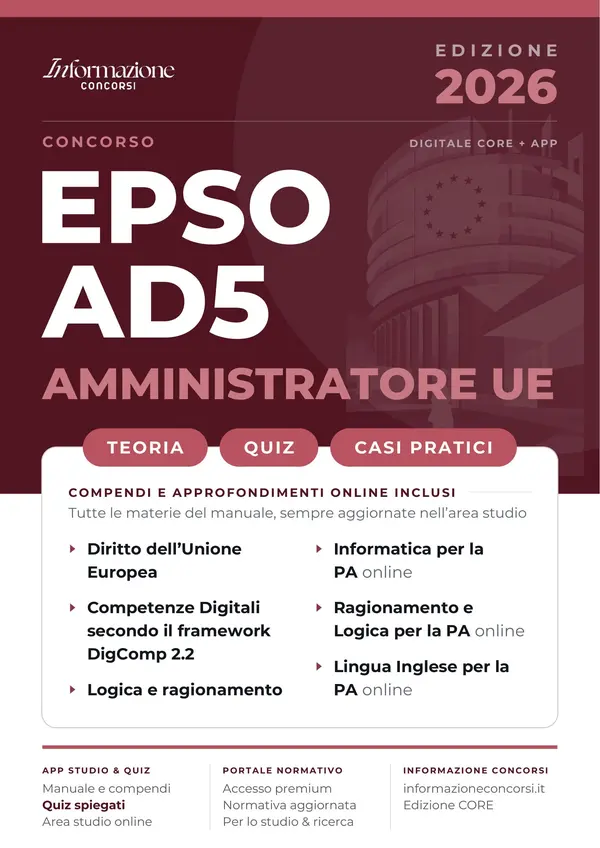 Copertina dell'ebook Concorso EPSO AD5 - Amministratore UE | CORE: Manuale Essenziale 2026 di Teoria e Quiz per i Concorsi dell'Unione Europea con App