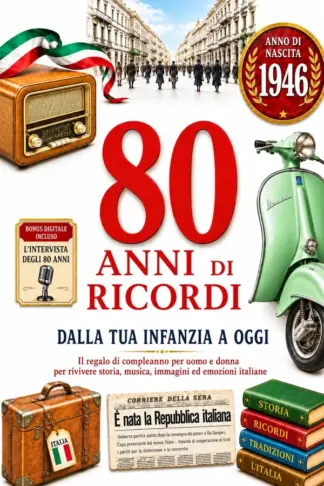 Copertina dell'ebook 80 anni di ricordi: dalla tua infanzia a oggi. Il regalo di compleanno per uomo e donna per rivivere storia, musica, immagini ed emozioni italiane (L'isola dei ricordi Vol. 4)